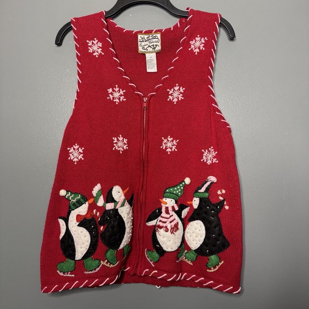 Vintage Heirloom Collectibles Red Penguin Christmas Sweater Vest‎ Size Medium